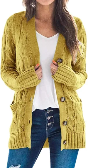 ZESICA Women's Fall Casual Long Sleeve Button Down Open Front Cable Knit Cardigan Sweater Coat