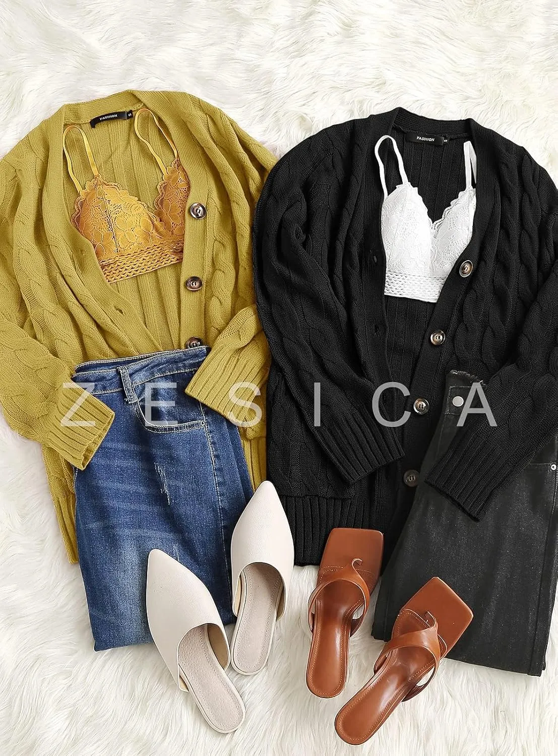 ZESICA Women's Fall Casual Long Sleeve Button Down Open Front Cable Knit Cardigan Sweater Coat
